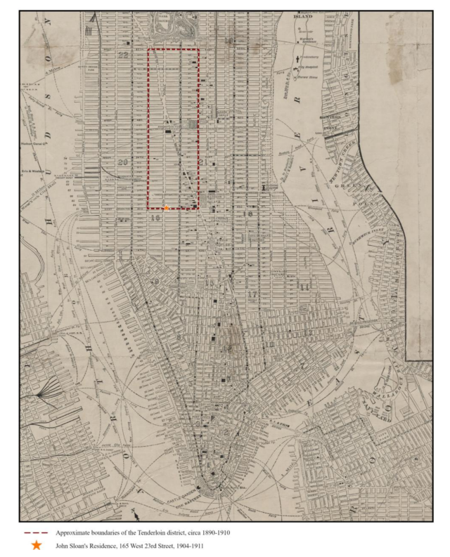 Sloan’s apartment, noted with a star, is at 165 West Twenty-Third Street, and the approximate boundaries of the Tenderloin district around 1890–1910 are outlined. Trow Directory, Map of Northern Part of New York City, 1906. Lionel Pincus and Princess Firyal Map Division, New York Public Library