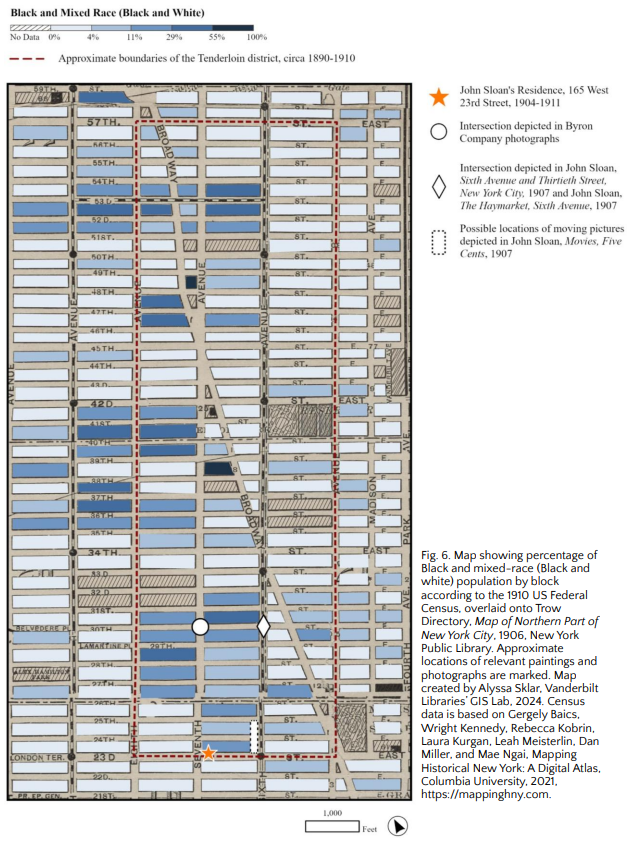 Map showing percentage of Black and mixed-race (Black and white) population by block according to the 1910 US Federal Census, overlaid onto Trow Directory, Map of Northern Part of New York City, 1906, New York Public Library. Approximate locations of relevant paintings and photographs are marked.