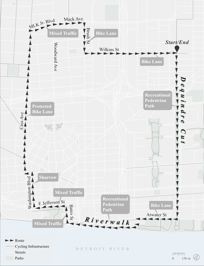 Map denoting a study area in Detroit Michigan of an e-bike route