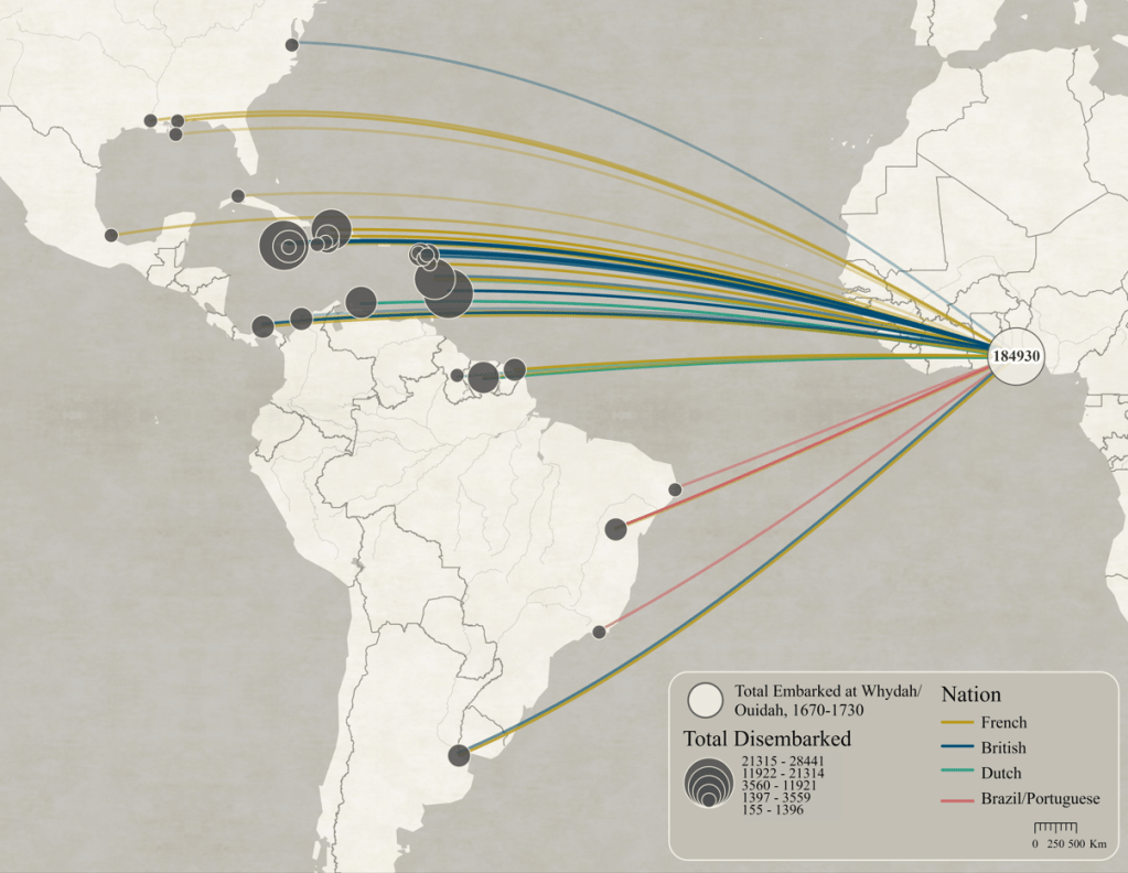 Mapping enslaved individuals from the Ouidah port in Africa to North/South America and the Caribbean.