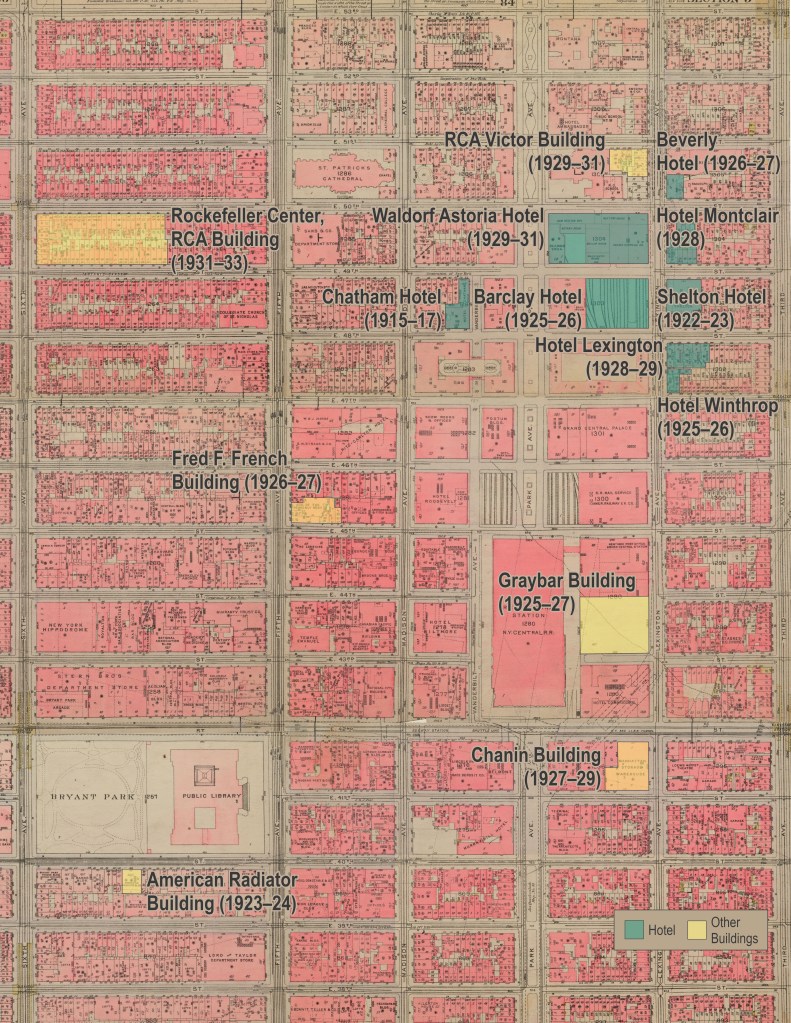 New York City from the Bromley Atlas in 1925 with important buildings and hotels denoted